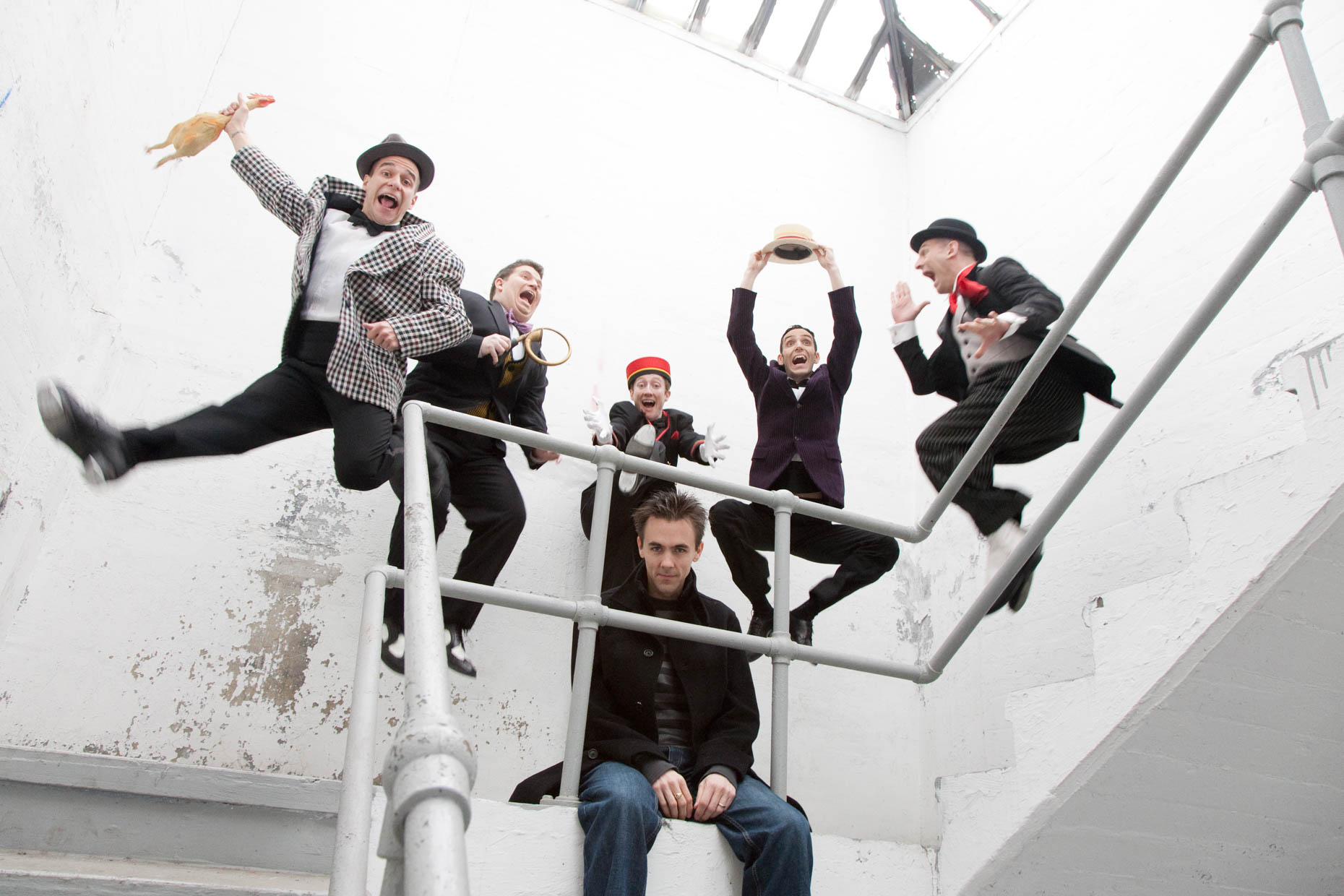 New York vaudeville act flying through the air in a stairwell