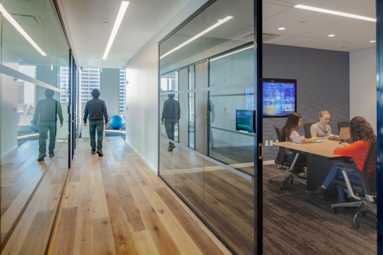 An interior photograph of a corporate corridor at a New York company