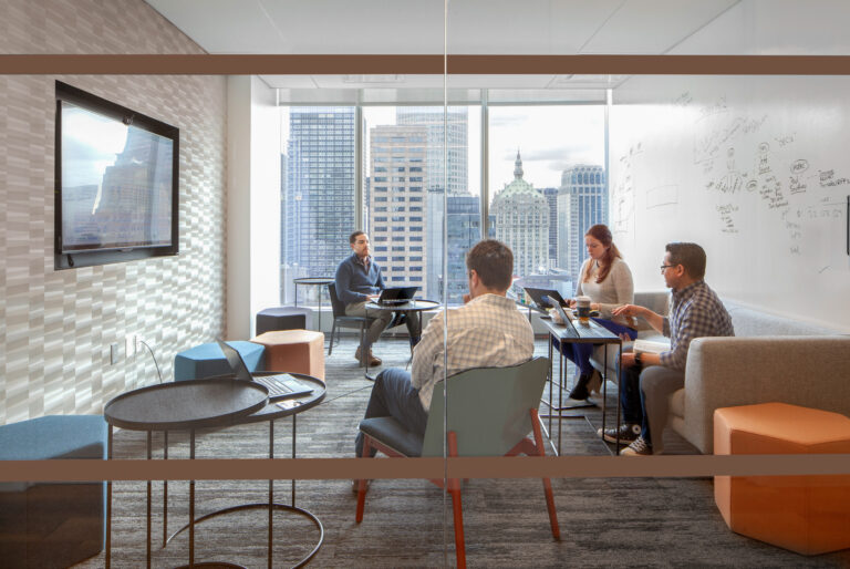 Corporate huddle room interior photograph from a New York tech company