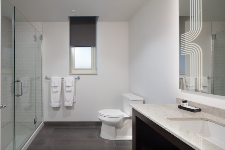 Interior photograph of a hotel bathroom shot by an interior photographer in New York